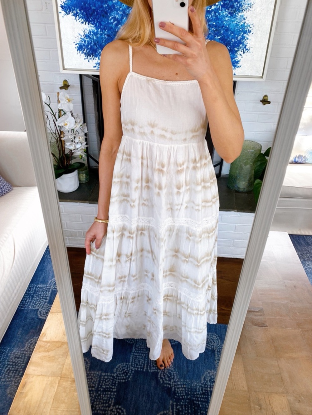AERIE Off-White Cotton Maxi Dress with Beige Tie-Dye, Rope & Tassel Detail! 🐚